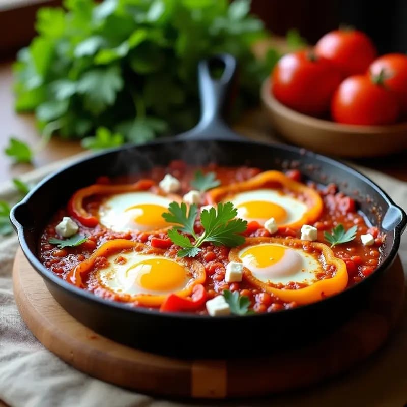 Sartén de hierro con shakshuka tunecina, huevos de codorniz pochados en salsa de tomate especiada, pimientos asados, queso feta desmenuzado y cilantro fresco, desayuno alto en proteínas.