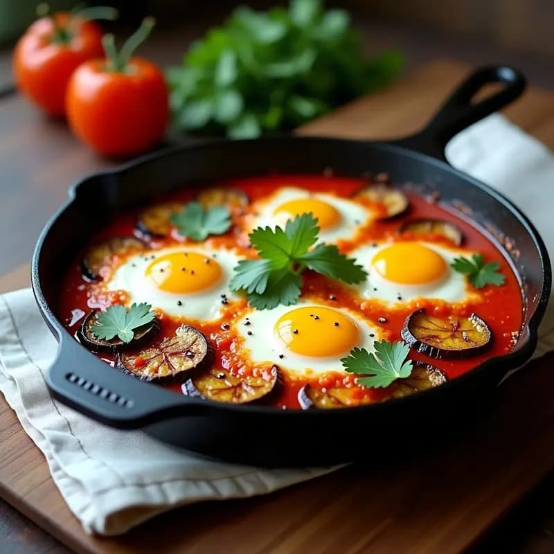 Sartén de hierro fundido con shakshuka vegana: salsa de tomate especiada con huevos de lino gelatinosos, rodajas de berenjena asada dorada y cilantro fresco. Plato humeante con texturas cremosas y ahumadas, receta magdalena alta en proteína.