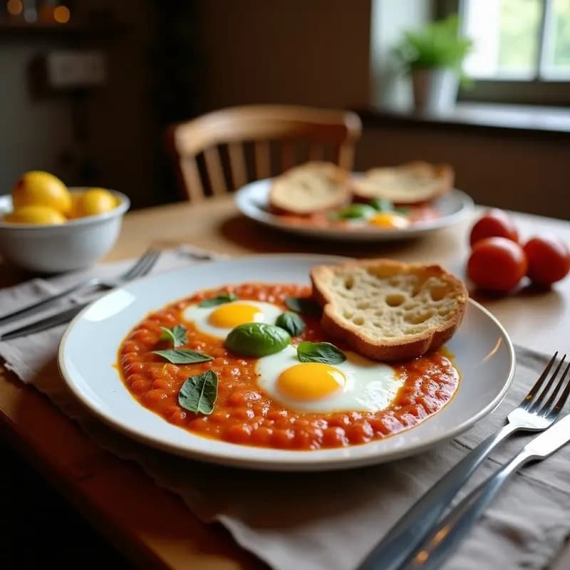 Plato hondo de cerámica con Shakshuka de salsa espesa de tomate y pimientos asados, coronada con dos huevos pochados perfectos, queso feta desmenuzado y perejil fresco. Acompañado de pan de pita integral tostado y crujiente, con semillas de sésamo espolvoreadas.