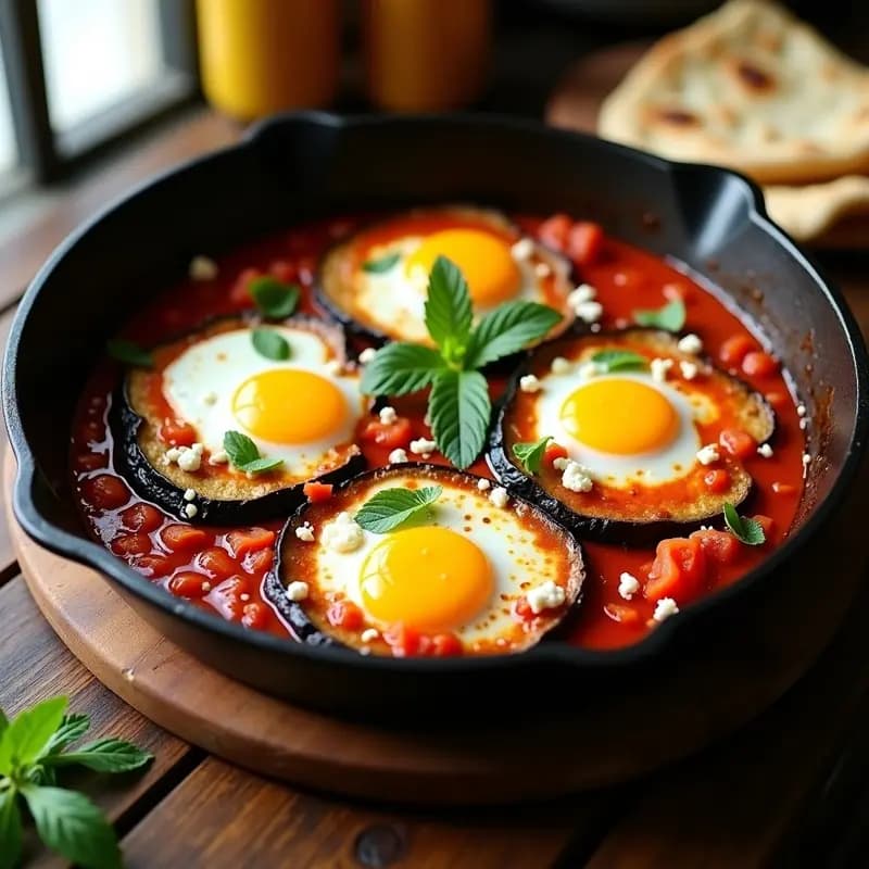 Sartén de hierro fundido con shakshuka norteafricana: huevos con yema líquida sobre salsa de tomate especiada, berenjenas asadas doradas, queso de cabra desmenuzado y semillas de sésamo. Decorada con hojas de menta y cilantro fresco.