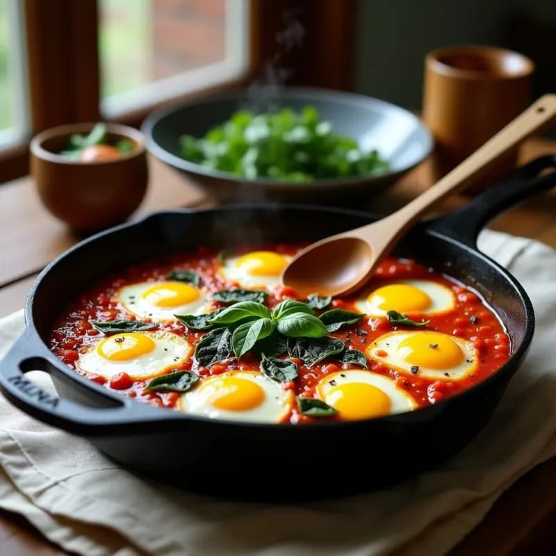 Sartén de hierro fundido con shakshuka árabe de tomate especiado, espinacas verdes brillantes y 8 huevos de codorniz con yemas líquidas. Decorado con cilantro fresco y copos de alga nori, servido sobre mantel rústico de lino.
