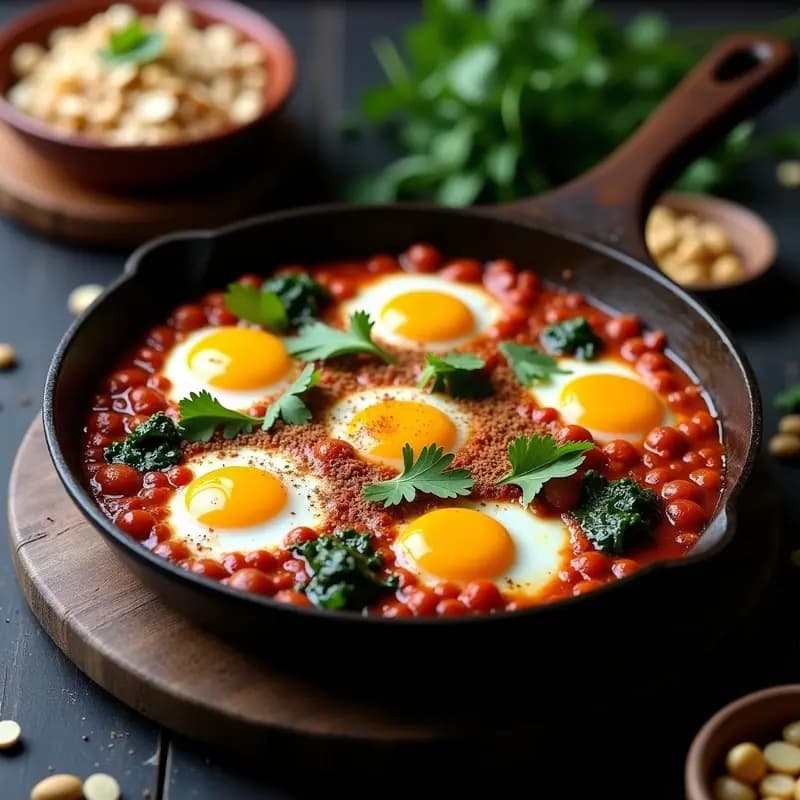 Sartén de hierro con shakshuka marroquí: huevos de codorniz con yemas líquidas sobre una base espesa de tomate, meruezlos, espinacas y especias, decorada con perejil fresco.