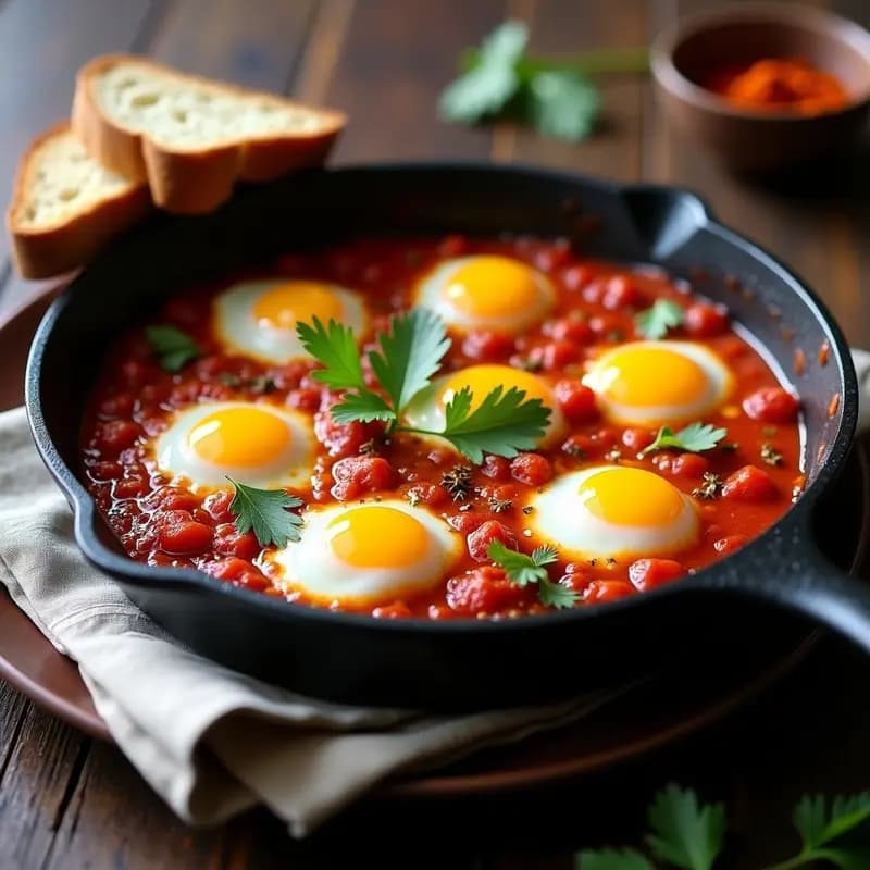 Sartén de hierro negro con shakshuka tunecina: salsa espesa de tomate y pimientos choriceros con huevos de codorniz escalfados, espolvoreada con cilantro fresco y acompañada de pan integral tostado.