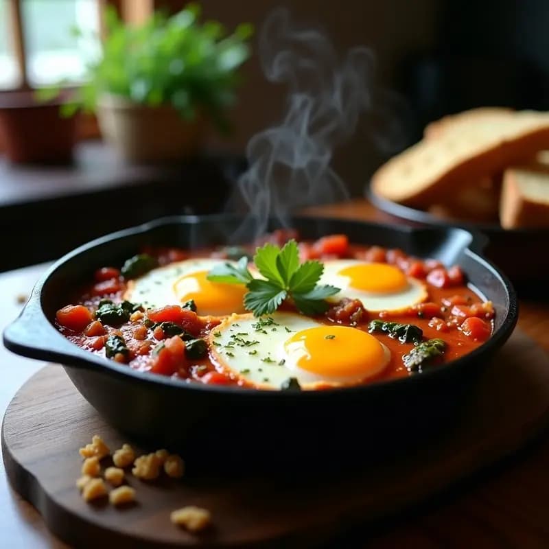 Sartén de hierro fundido con shakshuka con huevos y espinacas, bañados en salsa de tomate especiada con comino, cilantro fresco y yemas líquidas, sobre fondo rústico de madera oscura.