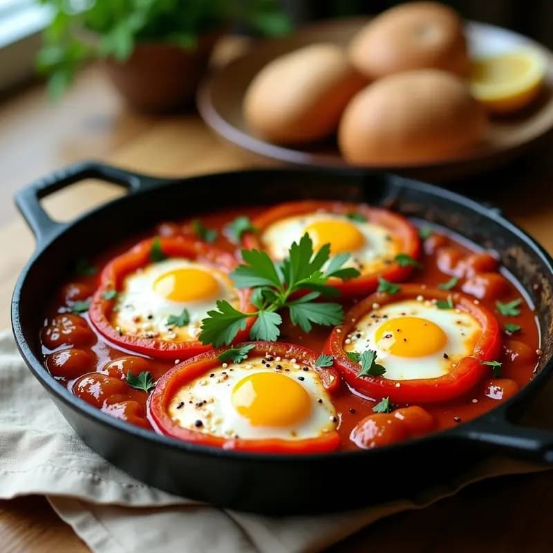 Sartén de hierro negro con shakshuka tunecina de pimentones rojos y verdes, huevos escalfados con yemas líquidas, espolvoreada con perifollo fresco y almendras fileteadas tostadas, sobre fondo rústico de madera.