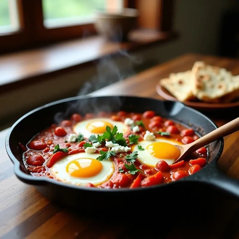 Sartén de hierro fundido con shakshuka de huevos y pimientos asados, yemas líquidas sobre salsa de tomate espesa con especias, decorada con perejil fresco y queso feta desmenuzado.