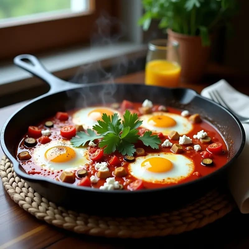 Sartén de hierro fundido con shakshuka de berenjena y huevos pochados, salsa de tomate especiada, queso feta desmenuzado y cilantro fresco, sobre fondo rústico de madera.