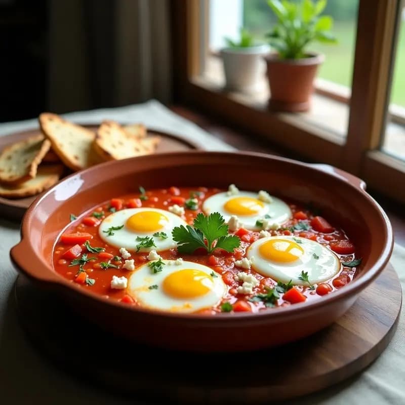 Plato hondo de barro con shakshuka de salsa espesa de tomate y pimientos asados, coronado con huevos pochados de yema líquida, queso feta desmenuzado y perejil fresco. Acompañado de pan de pita integral tostado y troceado, típico desayuno norteafricano.