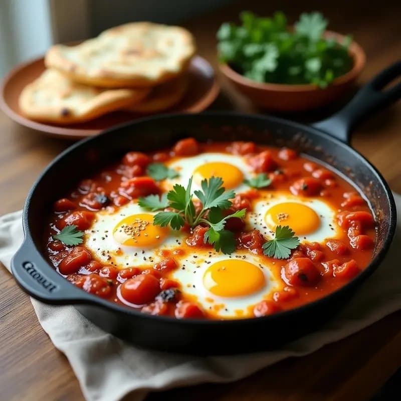 Sartén de hierro fundido con shakshuka árabe: huevos pochados en salsa espesa de tomate y pimientos asados, decorada con cilantro fresco y un toque de especias. Plato tradicional para desayuno caliente.