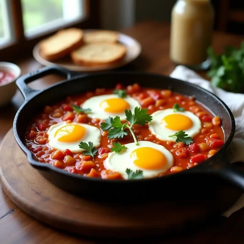 Sartén de hierro fundido con shakshuka norteafricana: salsa espesa de tomate rojo intenso con huevos pochados, yemas líquidas, espolvoreada con cilantro y perejil fresco, acompañada de rodajas de pan tostado.