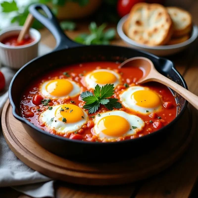 Sartén de hierro fundido con shakshuka tunecina: salsa espesa de tomates especiados con huevos escalfados, perejil fresco y un toque de harissa, lista para servir.
