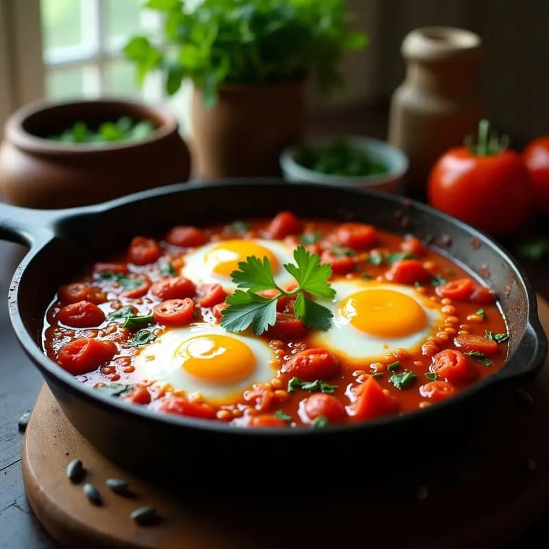 Sartén de hierro fundido con Shakshuka Tunecina de huevos pochados en salsa espesa de tomate, pimientos y tomates secos. Huevos con yemas líquidas, espolvoreados con cilantro fresco. Plato rústico sobre fondo de madera oscura.