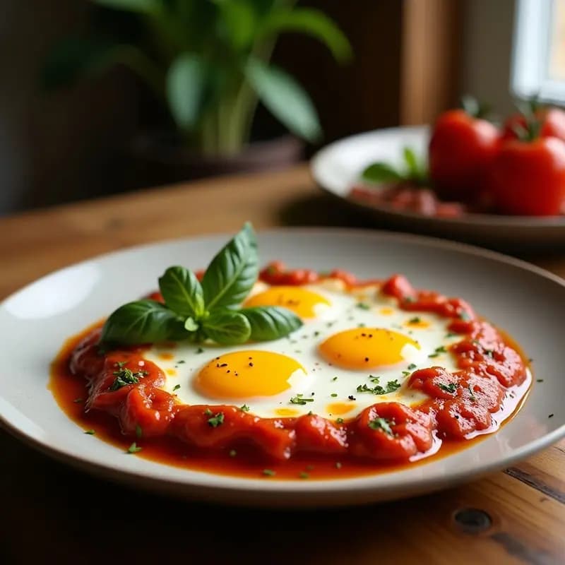 Sartén de hierro fundido con shakshuka con huevos y tomates, huevos pochados en salsa espesa de tomate rojo con especias, decorada con perejil fresco y cilantro, servida con pan pita al lado.