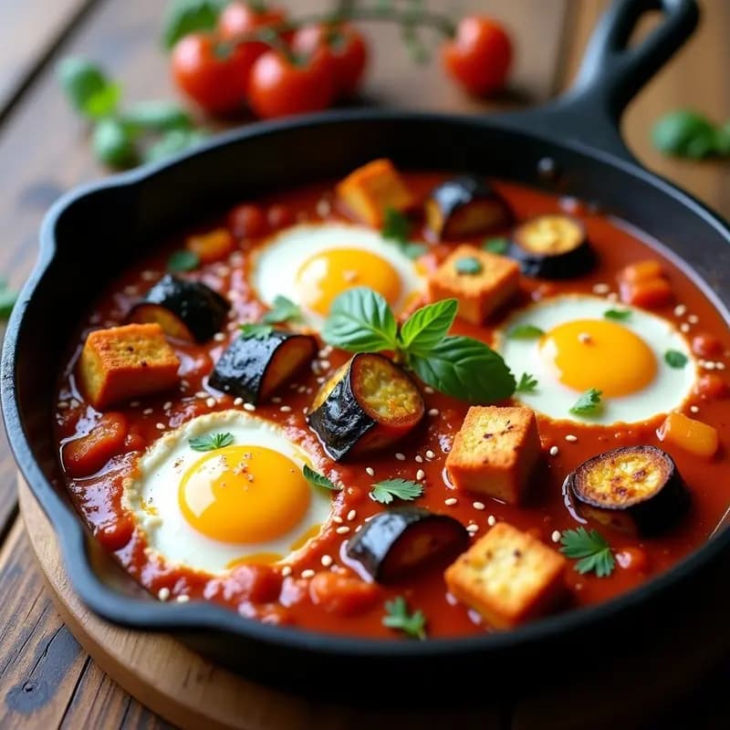 Plato hondo de barro con shakshuka israelí vegana: berenjenas asadas doradas, tomates secos y tofu ahumado en salsa espesa de pimentón, decorado con perejil fresco y semillas de sésamo tostadas.