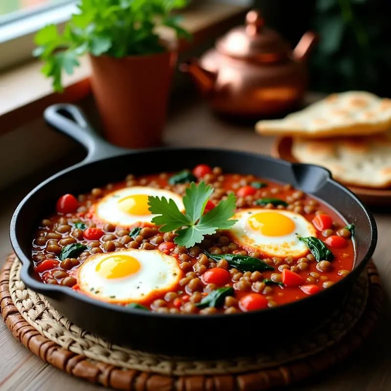 Sartén de hierro fundido con shakshuka vegana de lentejas pardinas y espinacas frescas, bañada en salsa de tomate especiada con pimentón ahumado. Decorada con semillas de sésamo tostadas y cilantro fresco picado. Plato tradicional norteafricano adaptado a versión vegana, alto en proteína y hierro.