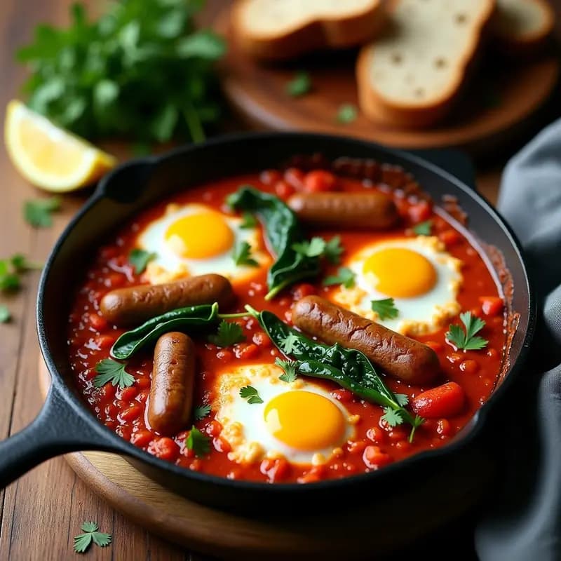 Sartén de hierro con Shakshuka vegana: salsa espesa de tomate y especias, tofu sedoso desmenuzado simulando huevos, rodajas de salchichas de lentejas doradas y perejil fresco. Plato colorido y apetitoso con tonos rojos, verdes y marrones.