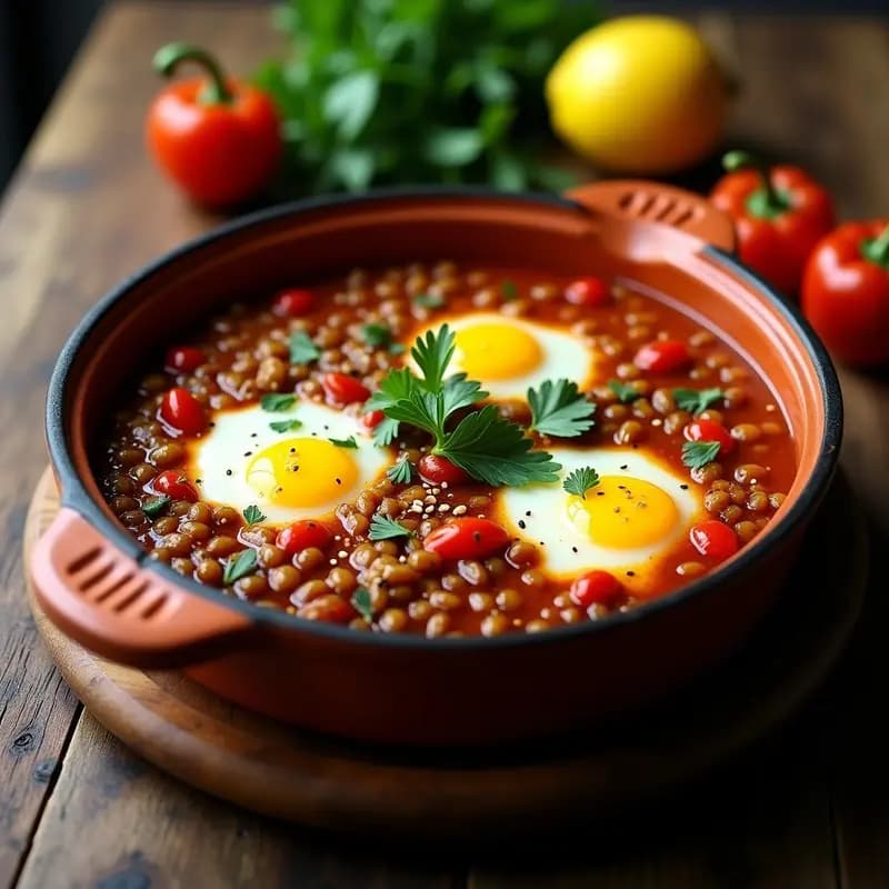 Cazuela de barro con shakshuka de lentejas y pimiento sin huevos, salsa espesa de tomate y especias, tofu desmenuzado y cilantro fresco. Plato tradicional norteafricano vegano.