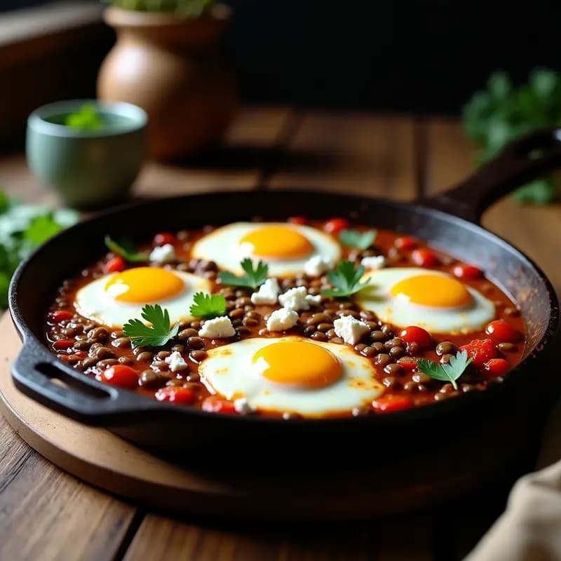 Sartén de hierro fundido con shakshuka de lentejas parda y queso feta, huevos pochados con yemas líquidas, espolvoreado con cilantro fresco y trozos de queso feta blanco. Plato colorido y abundante, típico desayuno africano alto en proteína.