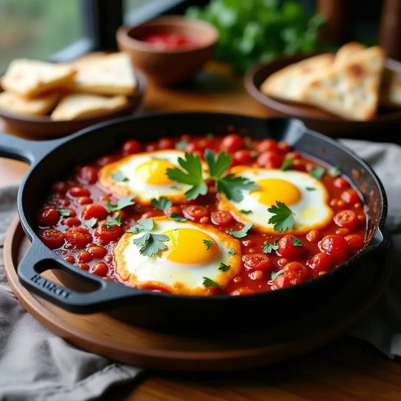 Plato hondo de barro con shakshuka vegana de lentejas rojas, salsa de tomate espesa con especias árabes, tofu dorado en cubos, perejil fresco y semillas de sésamo. Desayuno árabe alto en hierro.