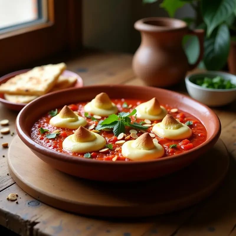 Plato hondo de cerámica blanca con shakshuka marroquí vegana: salsa espesa de tomate y pimientos rojos asados con especias, coronada por merengue de aquafaba dorado y esponjoso, decorado con almendras fileteadas, tahini y cilantro fresco. Receta vegana y alta en proteína.