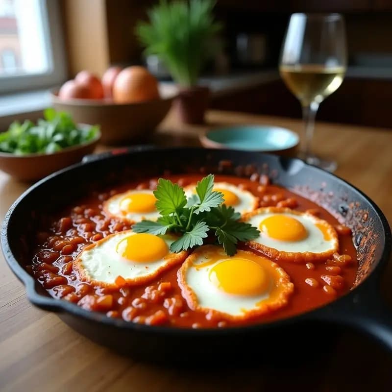 Sartén de hierro fundido con shakshuka de Mercedes y espinacas: huevos con yema líquida sobre una base verde de espinacas salteadas con sardinas desmenuzadas, cilantro fresco y almendras tostadas. Desayuno tunecino alto en proteína.