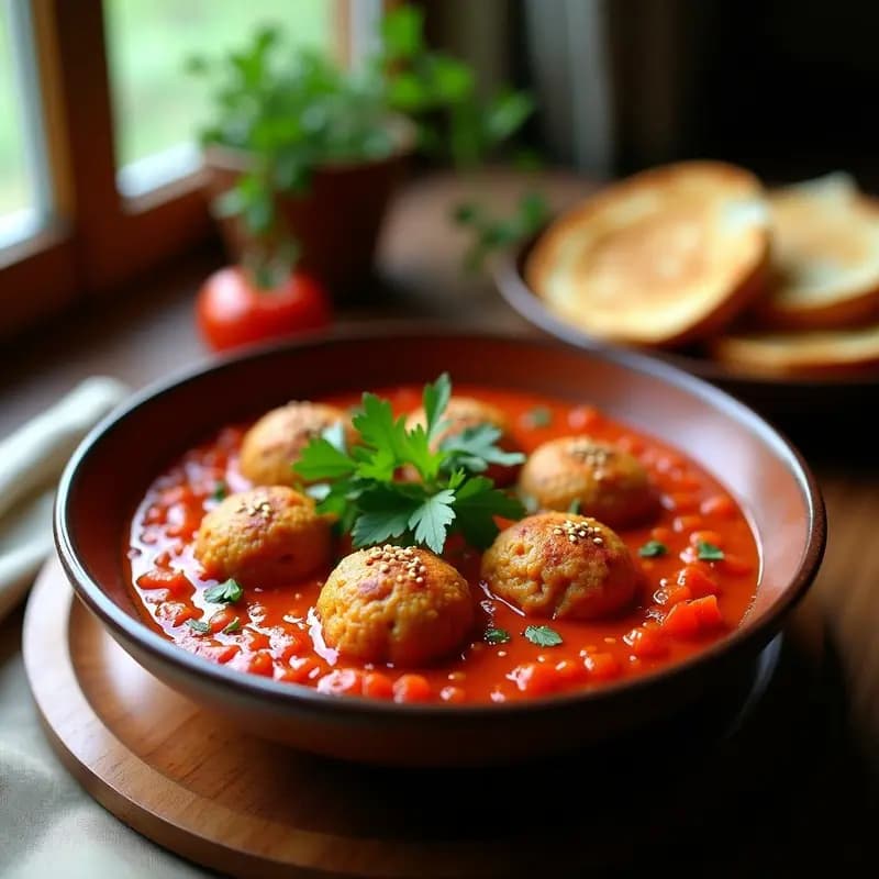 Plato hondo de barro con Shakshuka vegana turca, salsa de tomate espesa con albóndigas de lentejas rojas (Mercimek Köftesi), decorada con cilantro fresco y semillas de sésamo, acompañada de pan integral tostado.