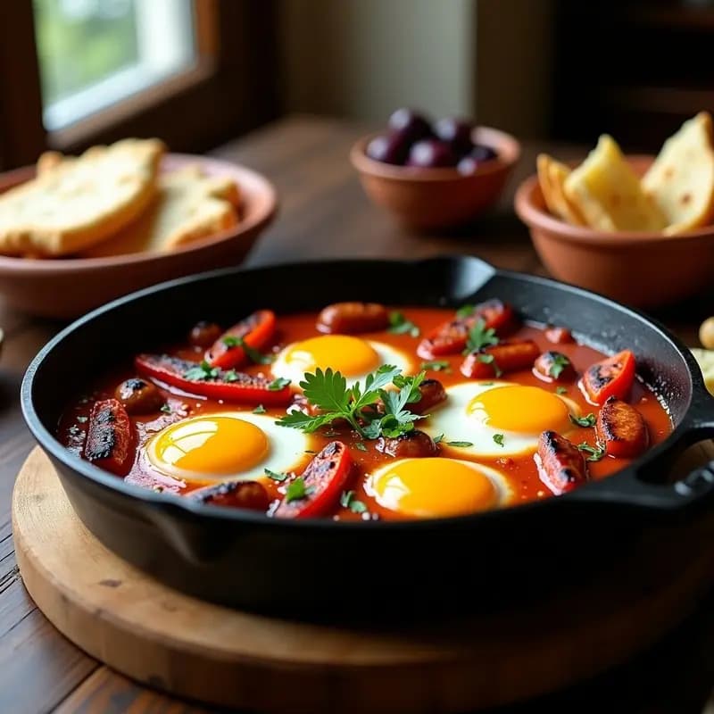 Sartén de hierro fundido con shakshuka tunisiana: salsa espesa de tomate y pimientos asados rojos y verdes, salchichas mergez en rodajas, huevos con yemas líquidas, queso feta desmenuzado y perejil fresco. Acompañada de pan pita integral tostado.