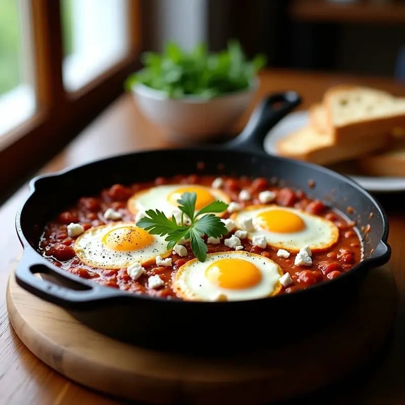 Sartén de hierro fundido con Shakshuka con Merlinos y Feta, desayuno tunecino alto en proteína y sin gluten. Huevos pochados sobre salsa de tomate espesa con anillos de calamar, queso feta desmenuzado y perejil fresco, servido con pan sin gluten tostado al lado.