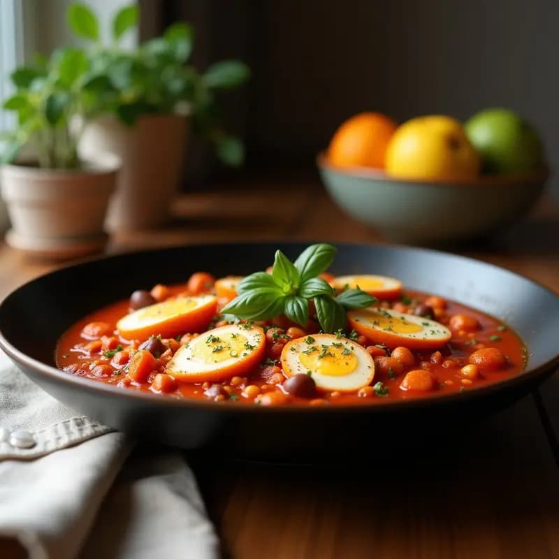 Sartén de hierro fundido con shakshuka de merluza y alcachofas: huevos pochados sobre salsa de tomate especiada, trozos de merluza blanca y alcachofas tiernas, decorada con perejil fresco.