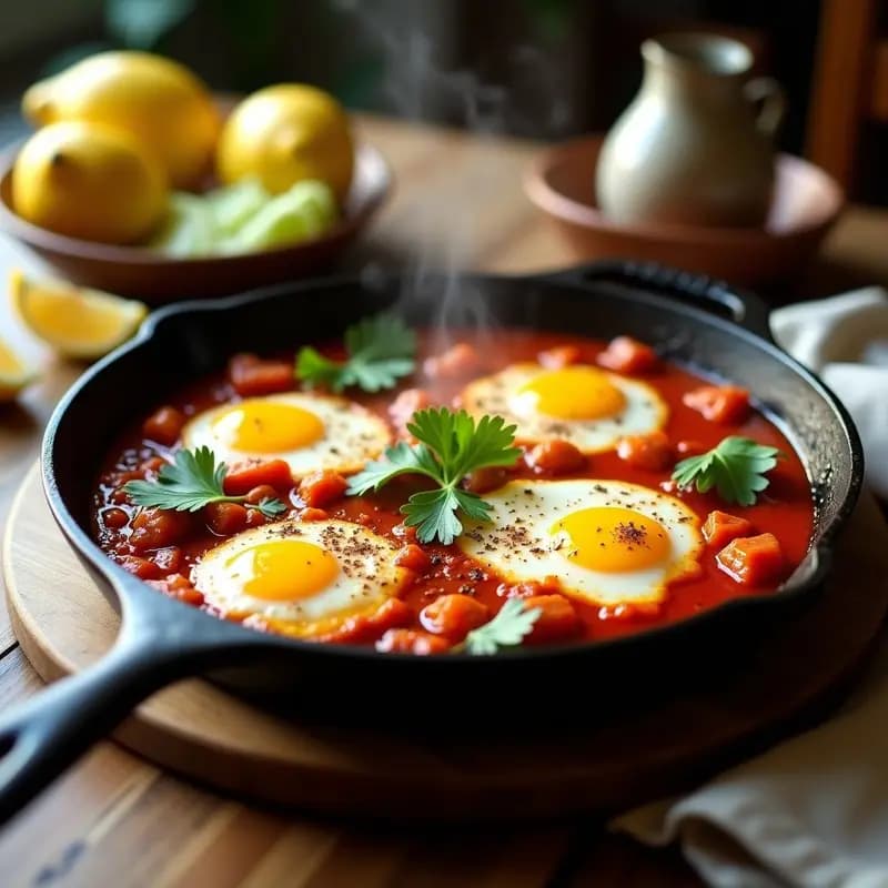 Sartén de hierro fundido con shakshuka con merluza, filetes de pescado blanco desmenuzables bañados en salsa de tomate especiada con huevos escalfados en el centro, decorados con perejil fresco y un toque de harissa, típico desayuno israelí proteico con pescado y huevo.