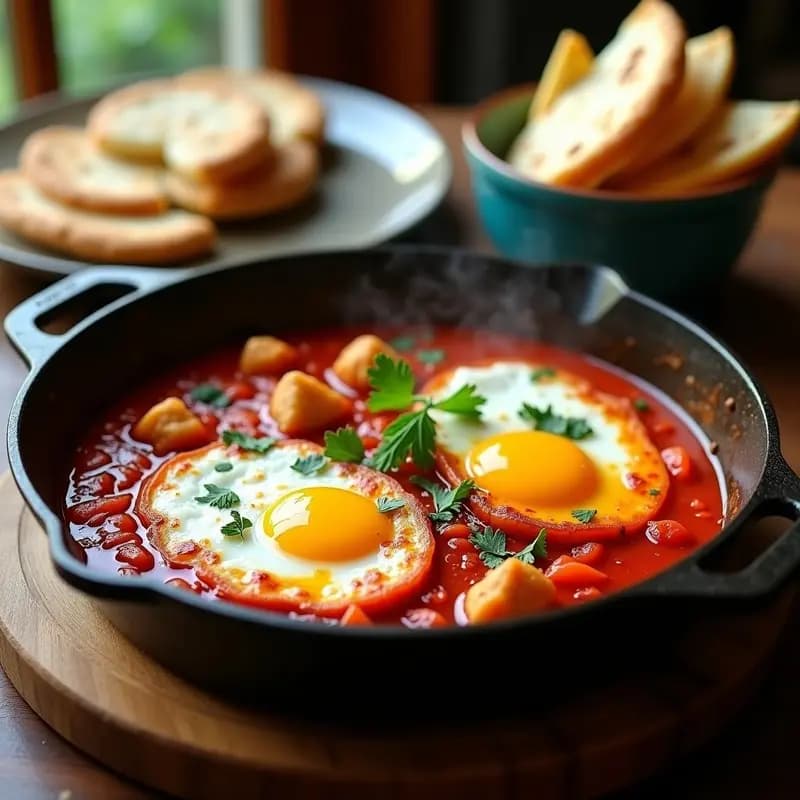 Sartén de hierro fundido con shakshuka libia de merluza y pimentón ahumado, huevos poché en salsa de tomate especiada, decorada con perejil, alcaparras y limón confitado, servida con pan de pita tostado.