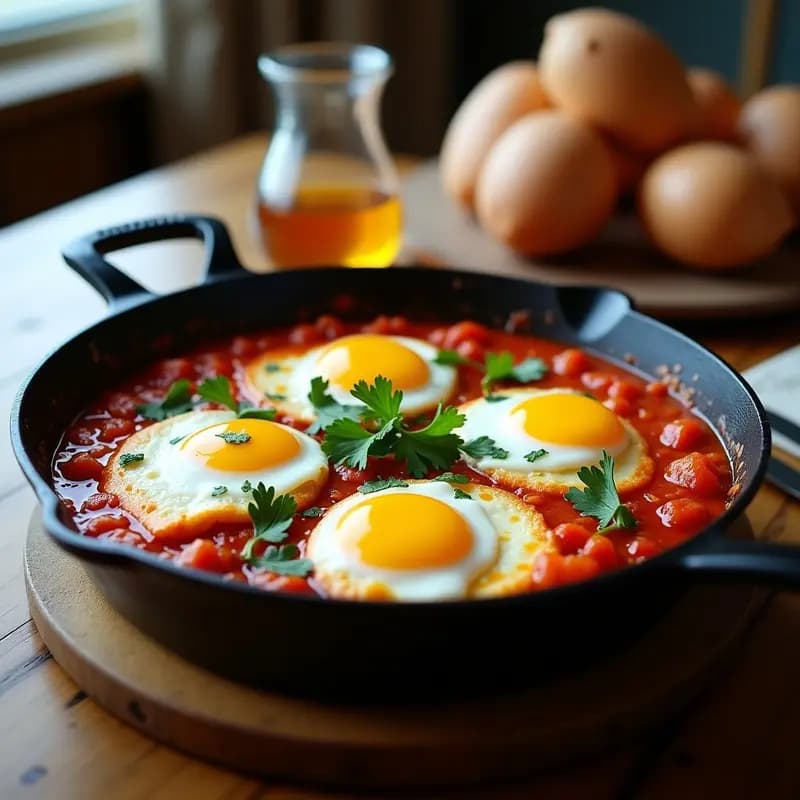 Sartén de hierro con shakshuka de merluza y pimentón de la Vera, filetes de pescado blanco cocidos en salsa de tomate espesa con trozos de cebolla morada y pimiento rojo, espolvoreada con cilantro fresco, desayuno español picante.