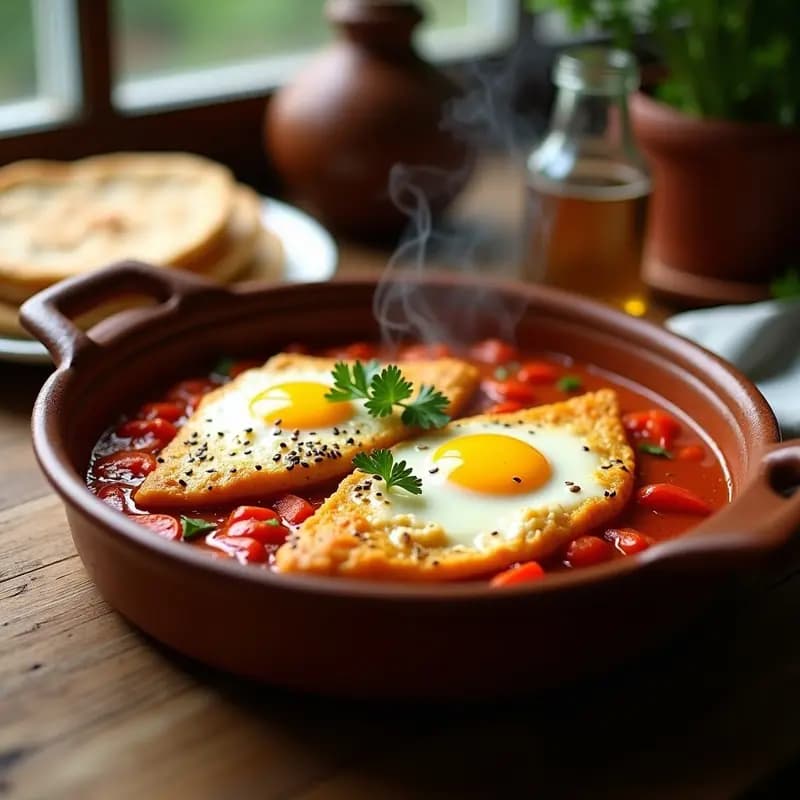 Cazuela de barro humeante con shakshuka de merluza y pimientos asados, filetes de pescado blanco cocinados en salsa de tomate especiada con comino y cúrcuma, pimientos rojos en tiras y huevos cuajados, decorado con perifollo fresco sobre fondo rústico de madera.
