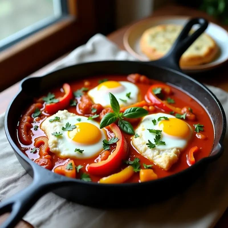 Sartén de hierro fundido con shakshuka tunecina de merluza y pimientos asados, huevos pochados sobre salsa espesa de tomate y especias, decorada con perejil fresco y aceite de oliva, desayuno proteico y sin gluten.