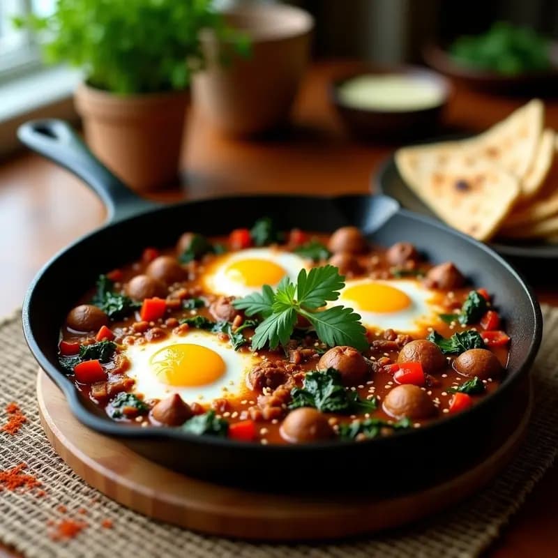 Sartén de hierro con shakshuka túnez-israelí: huevos con yemas líquidas sobre una base de merquez dorado, espinacas verdes, cebolla caramelizada y especias, espolvoreada con perejil y sésamo tostado.