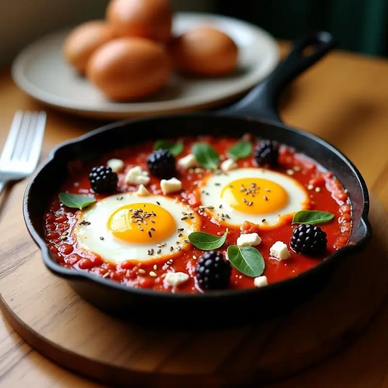 Sartén de hierro con shakshuka tunecina dulce y salada, huevos pochados en salsa de tomate especiada, moras frescas y queso feta desmenuzado, decorada con perejil y menta.