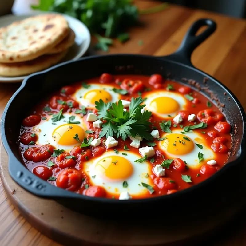 Olla de hierro negra con Shakshuka tunecina: salsa espesa de tomate y pimientos asados en tonos rojos, huevos pochados con yemas líquidas y trozos de queso feta blanco desmenuzado. Decorada con perejil fresco verde y servida con pan integral tostado al lado.
