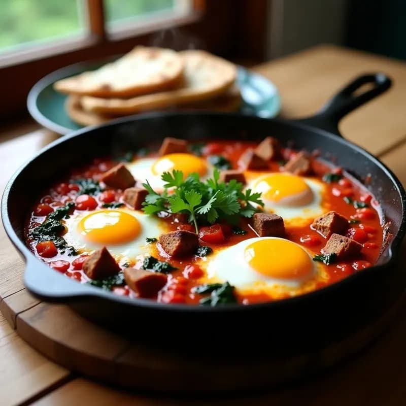 Sartén de hierro fundido con shakshuka británico-india: huevos camperos sobre salsa espesa de tomate, trozos de lomo de cerdo Berkshire, espinacas baby y especias Rogan Josh, decorada con cilantro fresco y yogur griego.