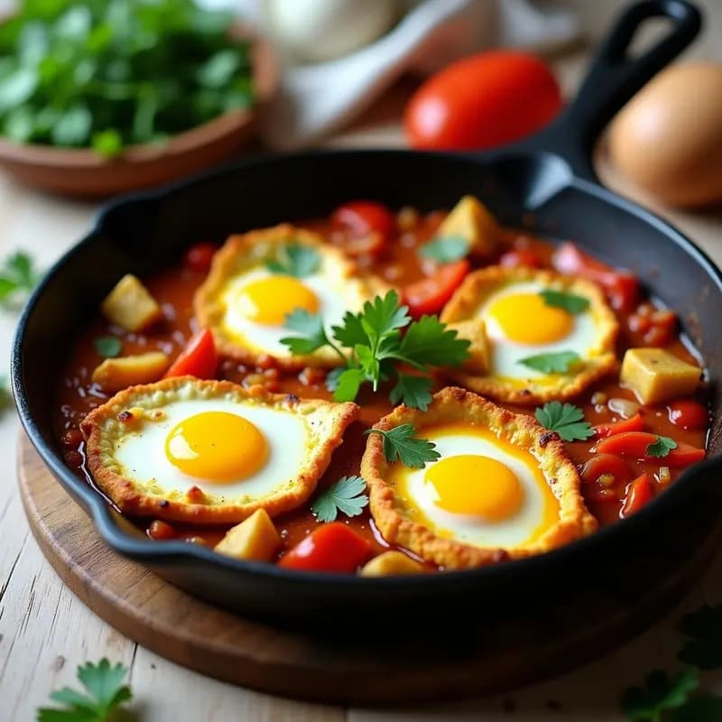Sartén de hierro fundido con shakshuka de pollo y cúrcuma: salsa de tomate espesa con tiras de pollo dorado, huevos pochados con yemas líquidas, perejil fresco espolvoreado y especias visibles. Plato colorido y apetecible, típico desayuno tunecino alto en proteína y antiinflamatorio.