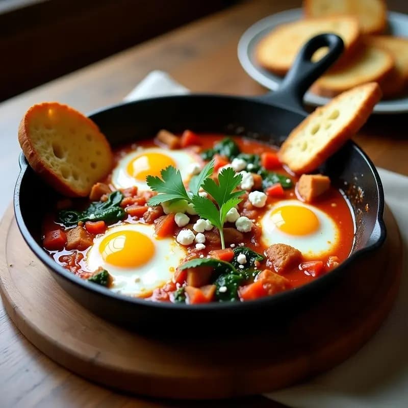 Sartén de hierro negro con shakshuka de pollo y espinacas, huevos pochados con yemas líquidas, espolvoreada con cilantro y perejil fresco, sobre fondo rústico de madera. Receta norteafricana alta en proteínas para desayuno.