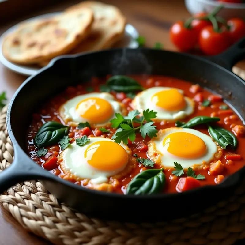 Sartén de hierro fundido con shakshuka de pollo y espinacas: huevos pochados con yemas líquidas sobre una salsa espesa de tomate, pollo en tiras, espinacas verdes y tomates secos, espolvoreada con cilantro fresco. Plato tradicional norteafricano reinventado.
