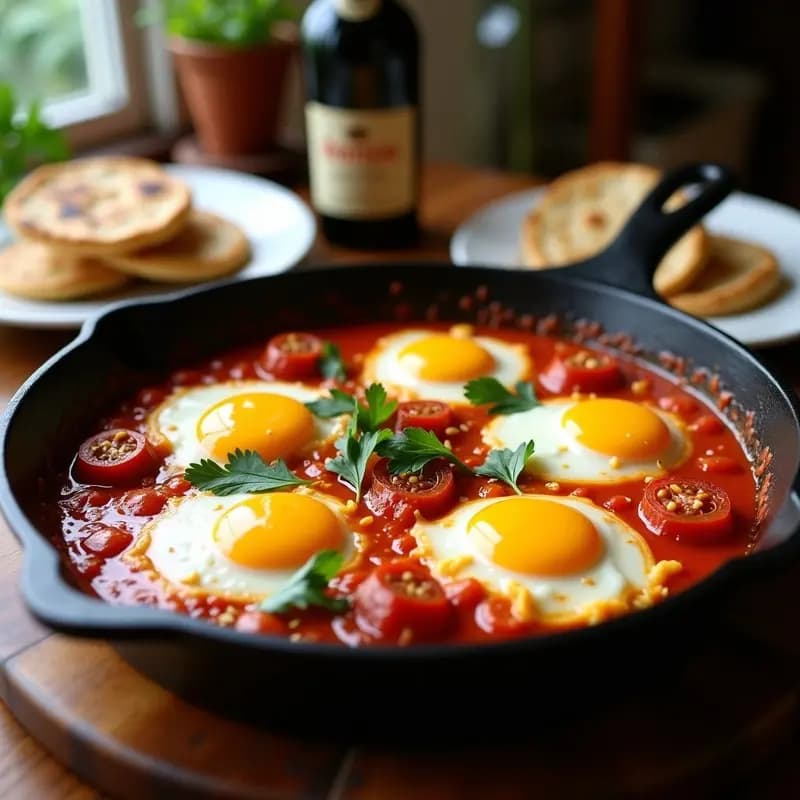 Sartén antiadherente con shakshuka árabe de huevos pochos sobre salsa de tomate especiada, queso de cabra desmenuzado y tomates secos en juliana, decorada con cilantro fresco.