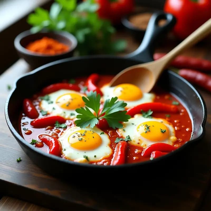 Sartén de hierro fundido con shakshuka roja, huevos con yemas líquidas, tiras de pimientos asados y trozos de feta de oveja derritiéndose. Decorada con perejil fresco y servida sobre una mesa rústica de madera oscura.