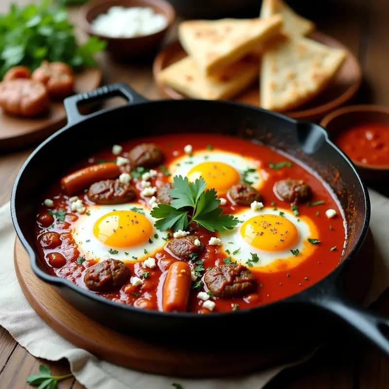Shakshuka con Salchichas de Cordero y Pan de Pita: Receta Norteafricana para Desayuno o Cena
