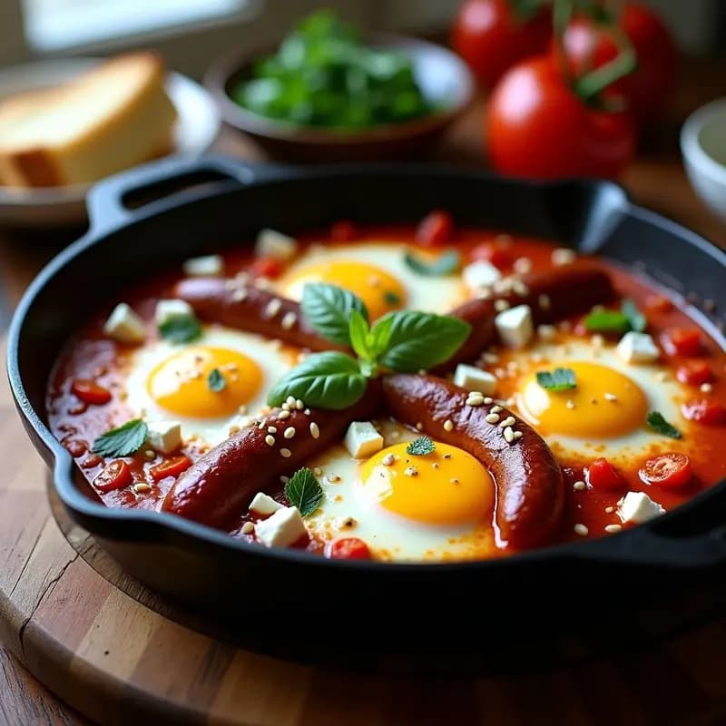 Sartén de hierro con shakshuka turca humeante: salsa espesa de tomate con rodajas de salchichas de cordero doradas, huevos pochados con yemas líquidas, queso feta desmenuzado y perejil fresco. Desayuno proteico y colorido.