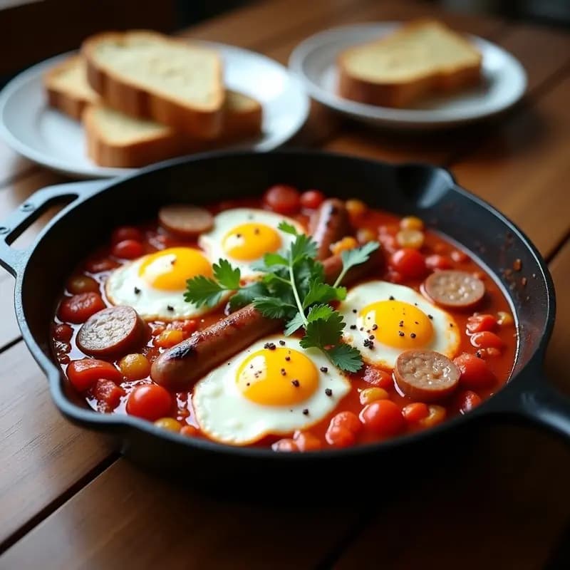Sartén de hierro fundido con shakshuka de tomates caramelizados, salchichas Merck en rodajas, huevos pochados y cilantro fresco, servida con pan de centeno tostado. Receta de desayuno alemán con toque norteafricano.