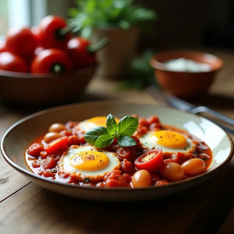 Sartén de hierro fundido con shakshuka tunecina: salchichas merquez en rodajas, pimientos asados en tiras, huevos con yema líquida y salsa de tomate espesa espolvoreada con perejil fresco. Plato contundente y colorido.