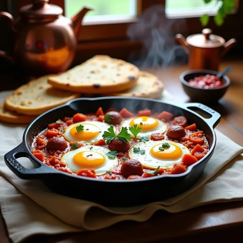 Sartén de hierro fundido con shakshuka tunecina humeante: salsa de tomate espesa con rodajas de salchichas meruez, huevos con yemas líquidas y cilantro fresco. Acompañada de pan de pita integral tostado con ajo, sobre un mantel de lino rústico.