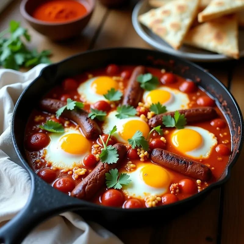 Sartén de hierro fundido con shakshuka humeante: huevos pochados en salsa de tomate especiada, salchichas de res doradas, queso de cabra desmenuzado y cilantro fresco, servida sobre mesa rústica de madera.