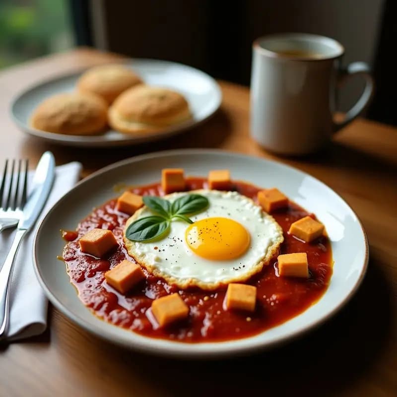 Sartén de hierro fundido con shakshuka vegana: tofu ahumado desmenuzado en salsa de tomate espesa con especias bereberes, decorado con perifollo fresco y almendras tostadas. Desayuno tunecino alto en proteínas.